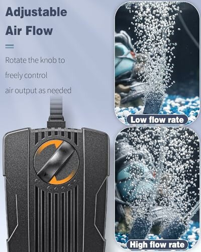Aquarium air pump with adjustable flow knob and bubble flow rate comparison.