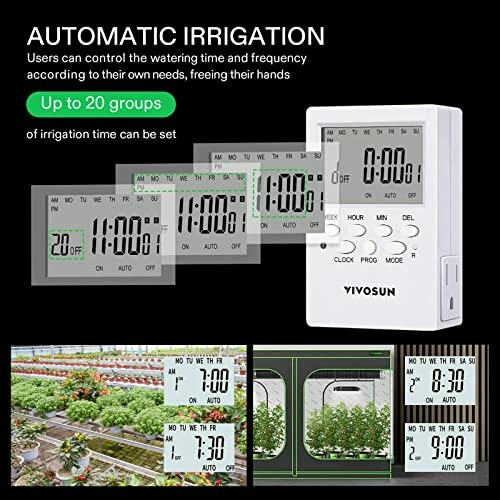 Automatic irrigation controller with digital display and plant growth examples.