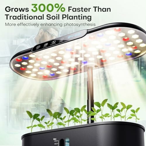 LED grow light promoting faster plant growth in hydroponic system.