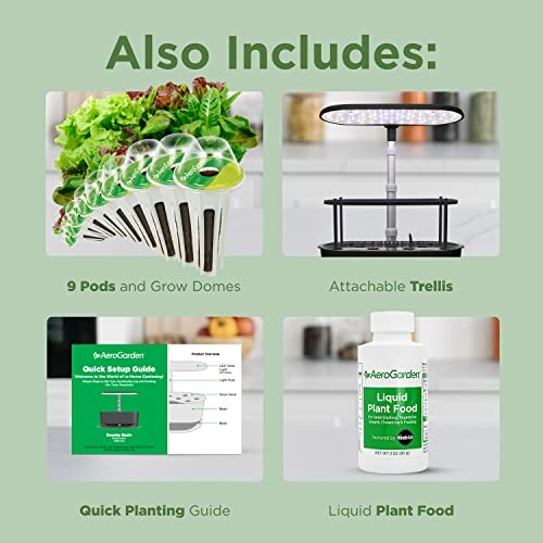 Indoor garden kit with pods, trellis, planting guide, and plant food.
