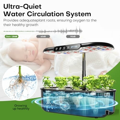 Hydroponic garden system with LED light and a sleeping baby, showcasing plant roots and water circulation.