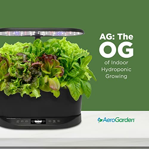 Indoor hydroponic garden with various leafy greens labeled 'AG: The OG of Indoor Hydroponic Growing'.